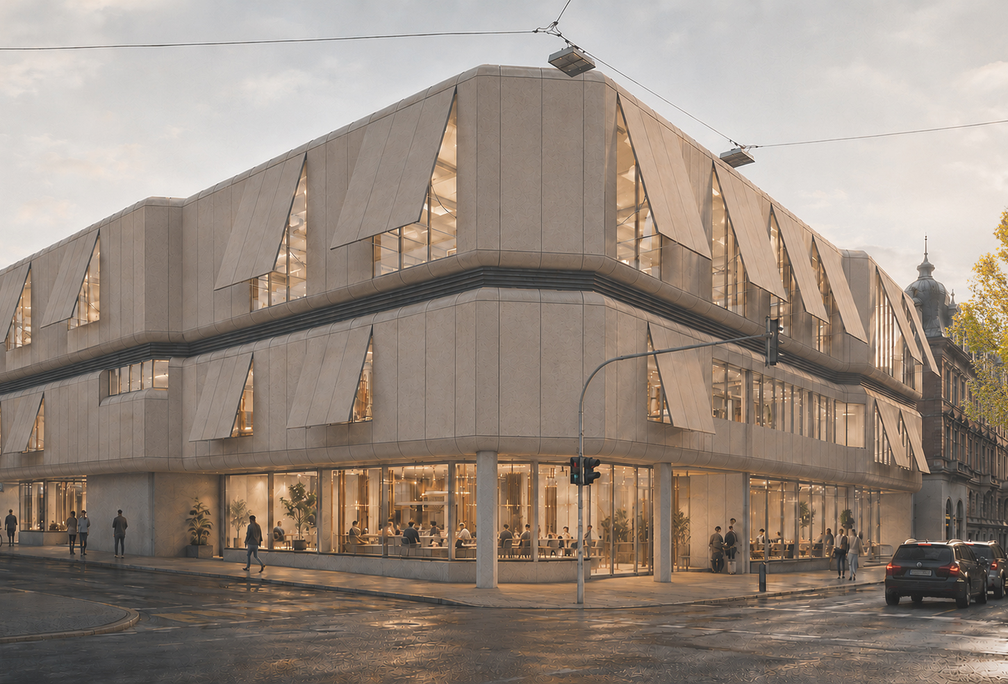 Straßenperspektive der Kaufhof-Transformation mit belebtem Erdgeschoss an der Mohrenstraße